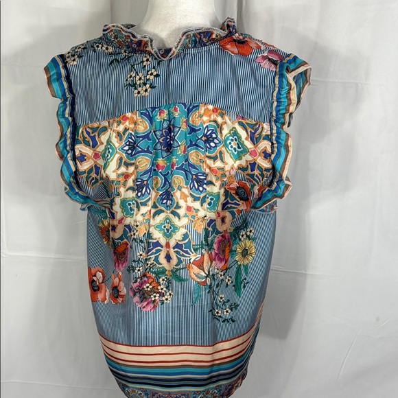 JOHNNY WAS STRIPED RUFFLE BLOUSE BLUE ORANGE S - Picture 6 of 8